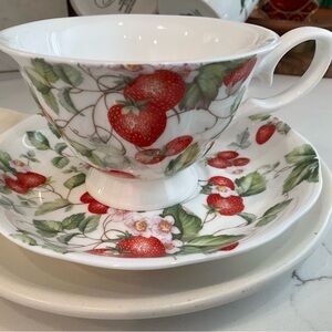 Strawberry Patterned Teacup and Saucer Set